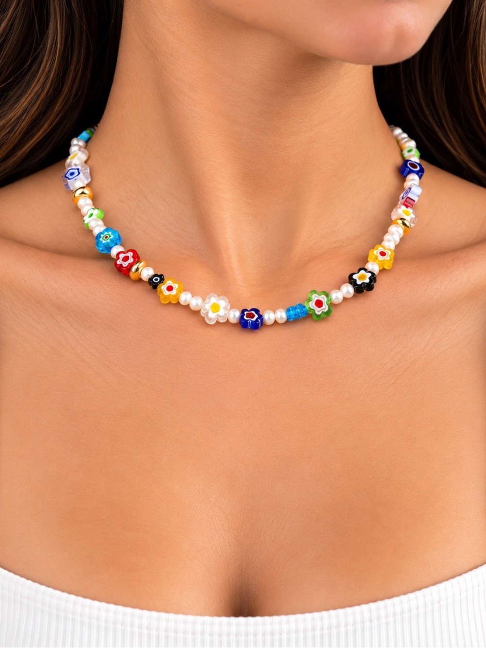 Mayamar Whimsical Multicolor flower charm Beaded Necklace